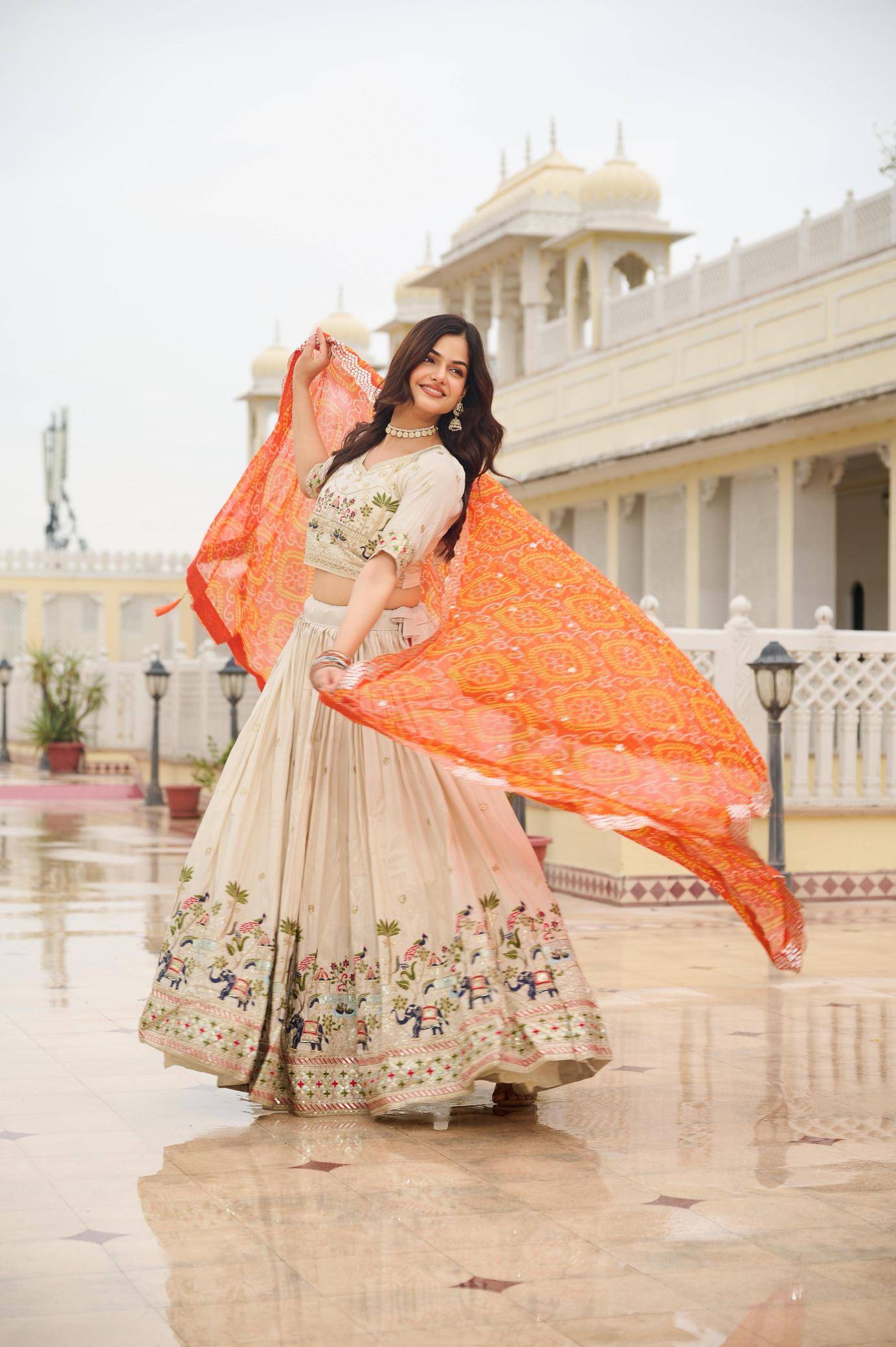 Ram-143 Tissue silk orange Trendy lehenga choli distributors in Pune